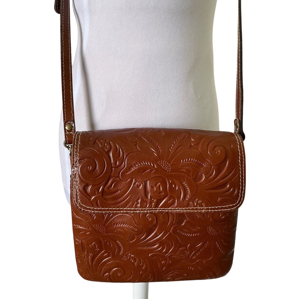 Patricia Nash Balluri Tooled Leather Crossbody Bag Cognac Floral Embossed Brown - Picture 2 of 15